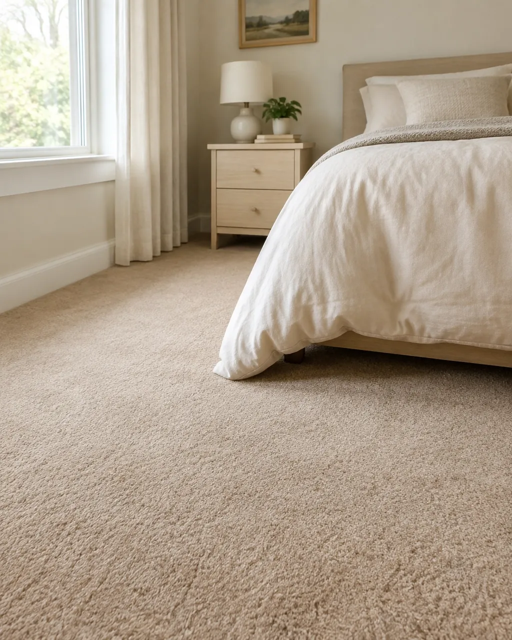 Freshly fitted soft carpet in a bright bedroom