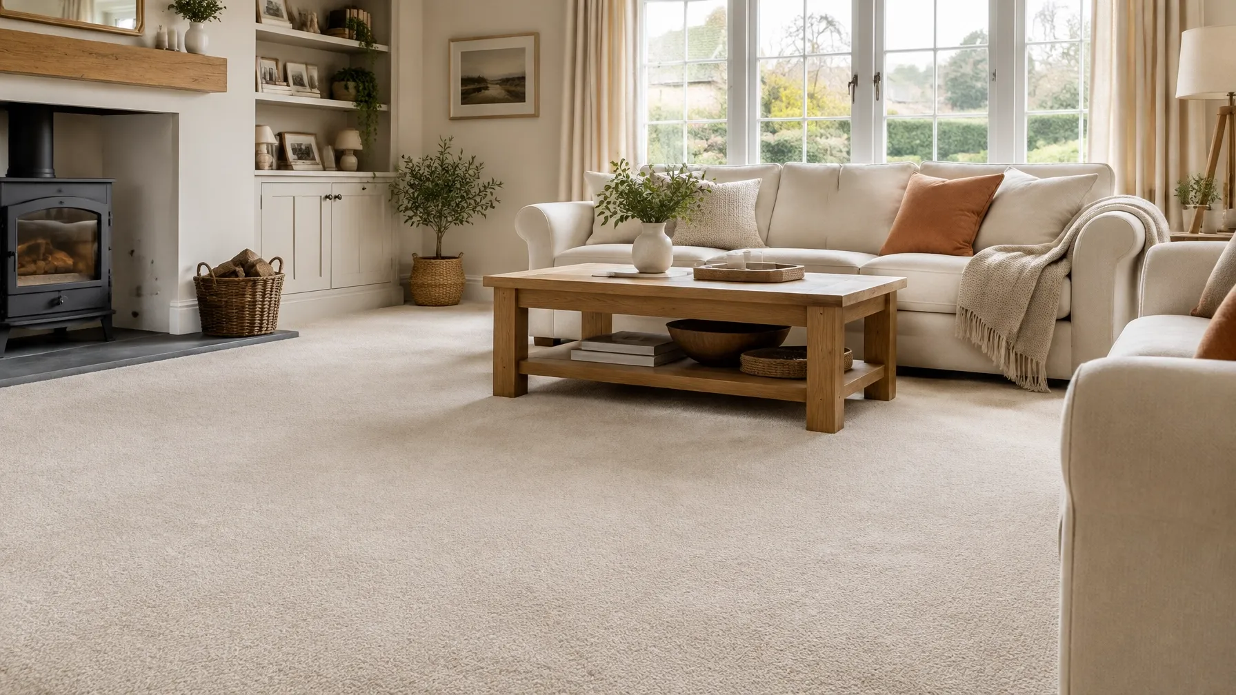 Bright living room with a freshly fitted soft carpet