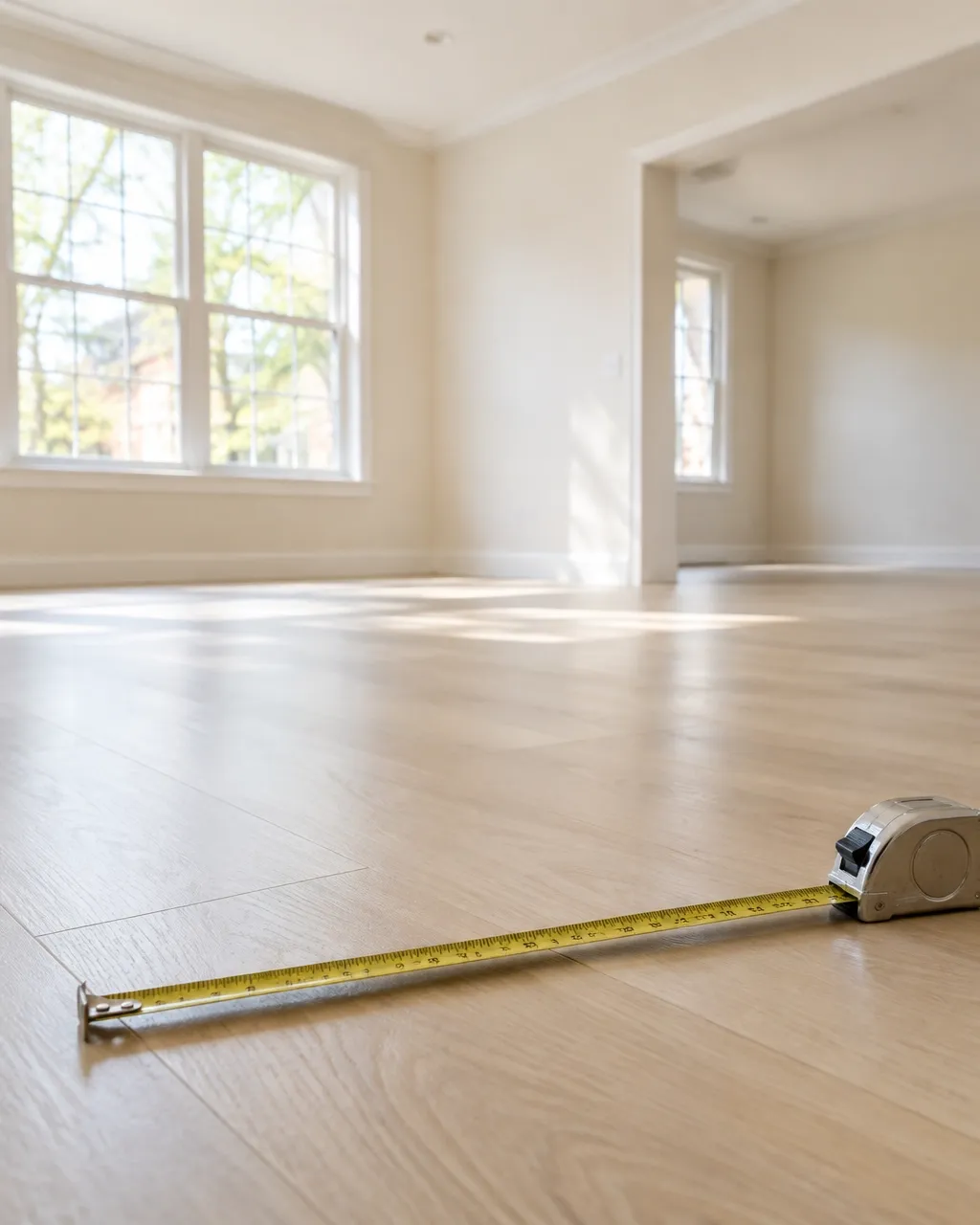 Tape measure on a prepared floor in a bright room