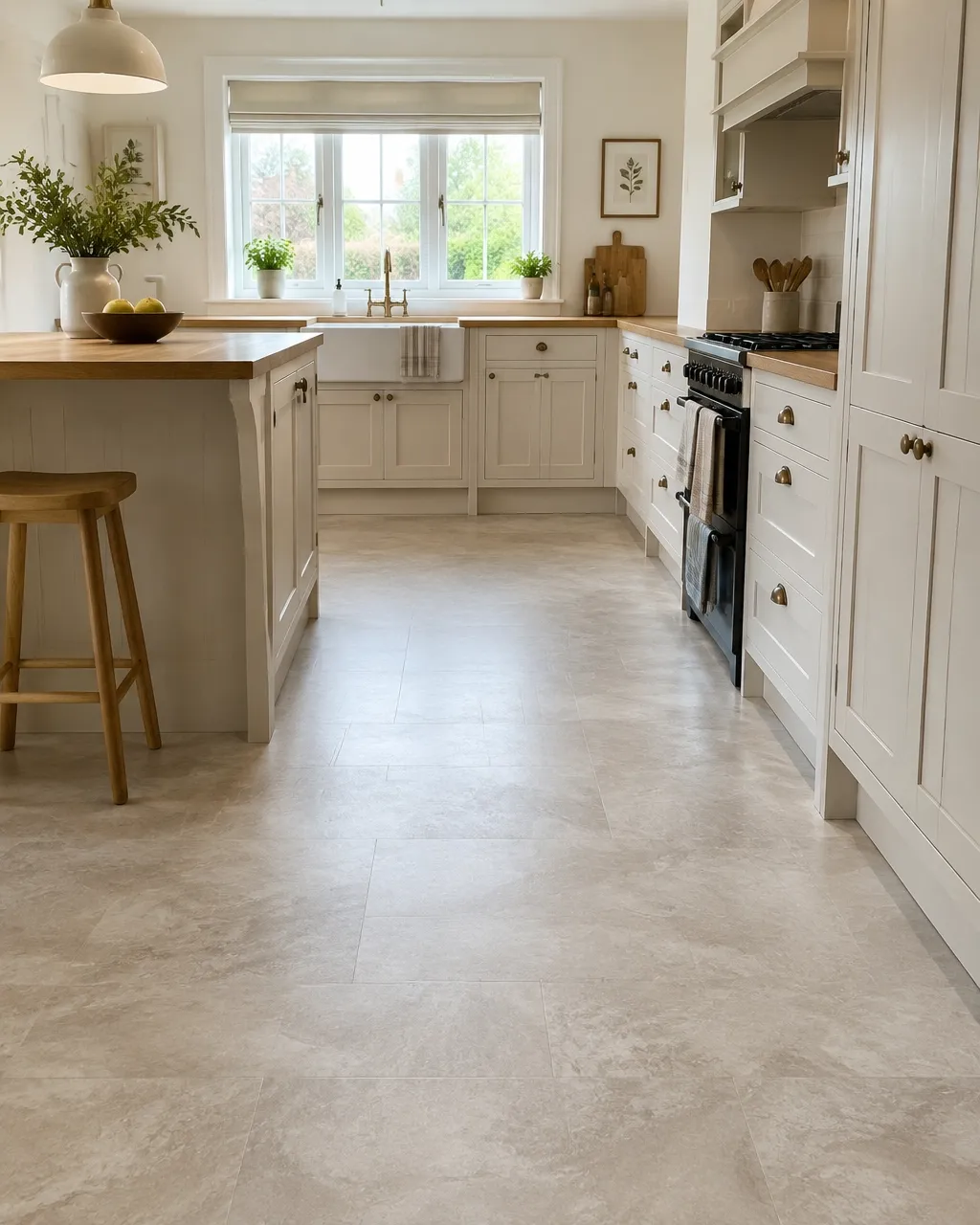 Light stone-effect vinyl flooring in a bright kitchen